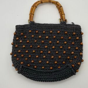 Crochet Handbag Black Beaded Bamboo Handle Boho Purse Zip Top Retro Bag Artisan